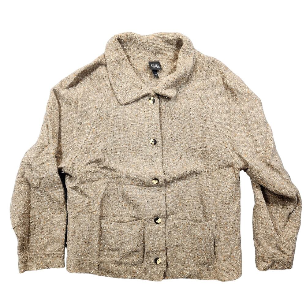 Eileen Fisher Womens Cardigan Sweater XL Tan Wool Angora Silk Granola Collar